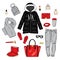 Selection of winter women`s clothing. Jacket, coat, shoes, bag, perfume, cosmetics and other accessories. A set of stickers.