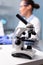 Selectiv focus on medicine microscope standing on table in biochemistry researcher laboratory