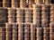 Selective blur on boxes of halva piled, stacked, ready for sale on a market of Serbia, Alva, helva, or halva