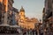 Selective blur on the Korzo street and a crowd of croats in front of the city tower, or gradski toranj, a baroque clocktower