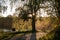 Selective blur on an old senior woman sitting on a bench at sunset by Sot Lake, also called Sotsko Jezero