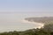 Selective blur on panorama of the atlantic ocean coast, on arcachon waterfront, on the bassic d`arcachon bay, during a stormy aft