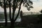 Selective blur on tourists and local people over the panorama of the confluence Usce of the rivers Sava and Danube, or Dunav