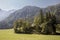 Selective blur on a typical alpine landscape, a mountain glade, a clearing field in the middle of an alpine forest