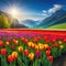 Selective of fantasy multicolor tulip flower blooming in garden with landscape meadow mountain spring