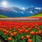 Selective of fantasy multicolor tulip flower blooming in garden with landscape meadow mountain spring