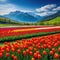 Selective of fantasy multicolor tulip flower blooming in garden with landscape meadow mountain spring