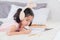 Selective focus adorable girl drawing creative art hobby activity on book, Cute primary school age girls drawing coloring picture