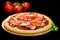 selective focus on appetizing Italian pizza with ham, tomato sauce, sausage, meat, cheese and sliced tomatoes on round wooden boa