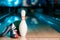 Selective focus of bowling shoes, ball