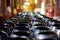 Selective focus of bowls with coin in Buddhism temple.