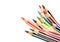 Selective focus of bunch of color pencils with stripe, white background.