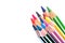 Selective focus of bunch of color pencils with stripe, white background.