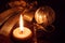 selective focus candle light and christmas decoration on wood at