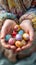 Selective focus captures childs hands cradling vibrant Easter eggs