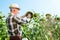 selective focus of cheerful farmer in straw hat touching sunflower.