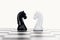 Selective focus of chessboard and white and black knights isolated on white.