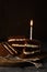 selective focus, chocolate sponge cake with birthday candle