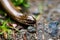 Selective focus closeup shot of a slowworm snake`s head