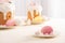 Selective focus of delicious Easter cakes, meringue and colorful eggs .