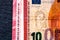 Selective focus on detail of euro banknotes. Close up macro detail of money banknotes, 10 euro isolated. World money concept,