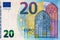 Selective focus on detail of euro banknotes. Close up macro detail of money banknotes, 20 euro isolated. World money concept,