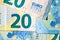 Selective focus on detail of euro banknotes. Close up macro detail of money banknotes, 20 euro isolated. World money concept,