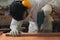 Selective focus on electric drill work on wooden board with hands of young carpenter in carpentry workshop.