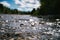 Selective focus of the flowing crystal clear water in the rocky river in a park