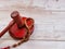 Selective focus gavel with prayer beads isolated on wooden background.