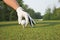 Selective focus of golfers hand placing ball on tee