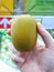 Selective focus of hand holding zespri gold kiwi for sale in the supermarket