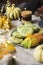 Selective focus. Hygge lifestyle, cozy autumn mood. Coffee cup, mint cookies, candle and fall leaves