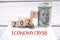 Selective focus image of bank note coin and 2021 Economy Crisis wording on wooden block. Economy concept