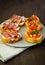 selective focus, Italian snack bruschetta, with tomatoes and smoked meats