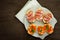 selective focus, Italian snack bruschetta, with tomatoes and smoked meats