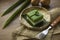 Selective focus of Kuih Seri Muka, traditional Malaysian two layered dessert with steamed glutinous rice forming the bottom half