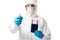 Selective focus of man in hazmat suit holding pyrometer and passport with boarding pass