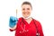 Selective focus of nurse wearing red scrub showing diabetes shot