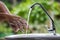 Selective focus of the old man hand image washing with dishwashing liquid and clean water on the sinks in the house near garden to