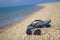 Selective focus on old slippers. Next are sunglasses. They are located on the yellow sand on the beach and it is a beautiful sunny