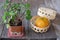 Selective focus on orange in a basket with Crown of thorns or Christ Thorn on old wooden board background. Happy Chinese new year