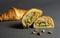 Selective focus. Photo of a traditional freshly baked croissant filled with a delicious pistachio cream