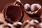 Selective focus of pieces of sliced chocolate with bulbs on the brown and blurred background