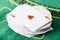 Selective focus of playing card with hearts suit on deck