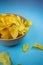 selective focus, potato chips on a colored background