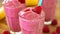 Selective focus on refreshing raspberry smoothie detox diet and vegetarian healthy eating concept