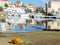 Selective focus of a seashell in front of the peaceful Port of Ferrol with docked yachts in Spain