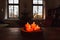 Selective focus shot of advent wreath with burning red candles and candle arch in window