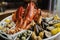 Selective focus shot of appetizing seafood mix on a wooden table